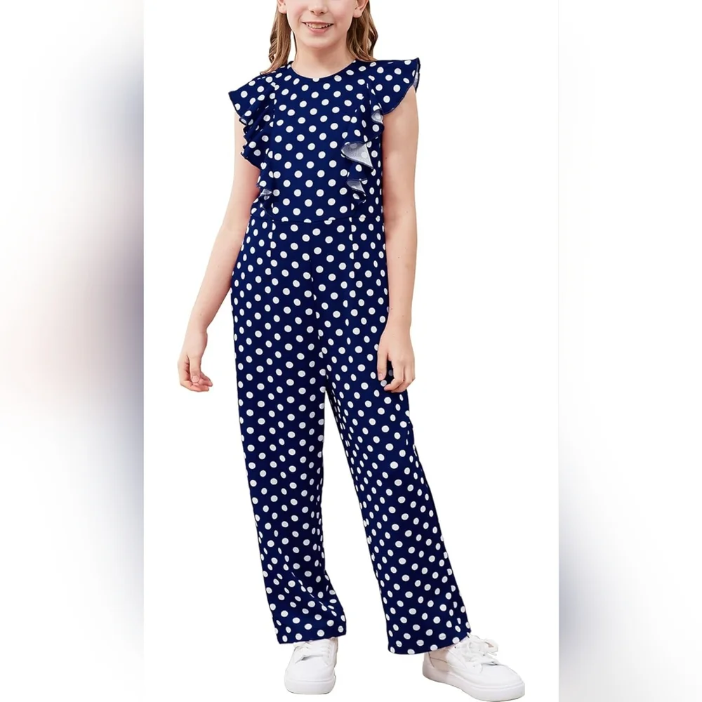 NWT Gorlya Jumpsuit Romper Navy blue with white polka dots Size Girls 8